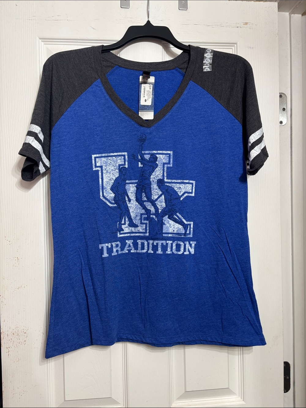 Royal Blue and Charcoal Raglan V-Neck Graphic Tee